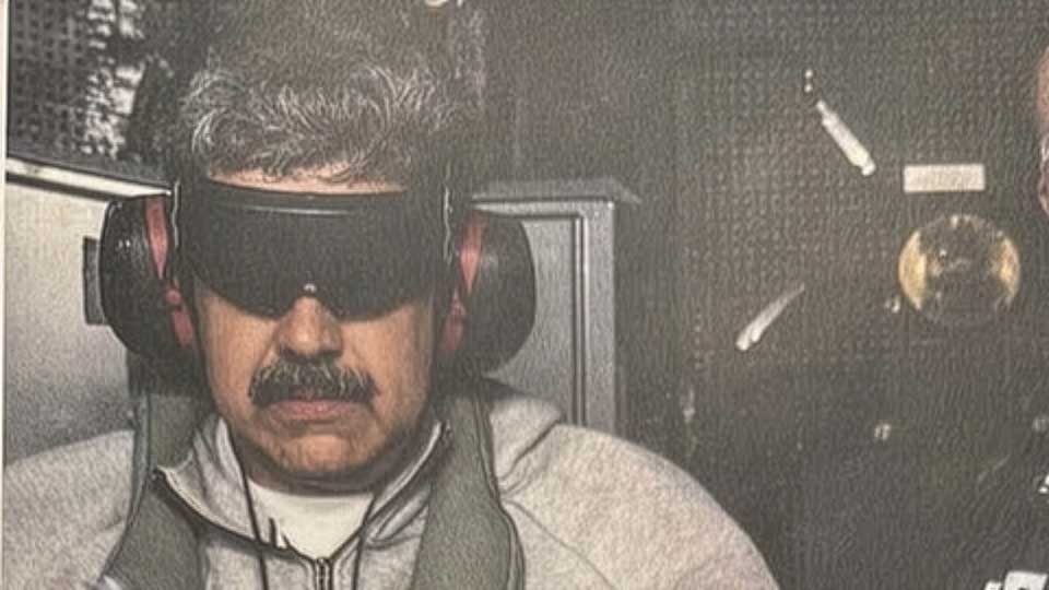 Venezuelan president Nicolas Maduro on the USS Iwo Jima blindfolded and in handcuffs afyer being kidnapped by the Trump regime on Saturday January 3.