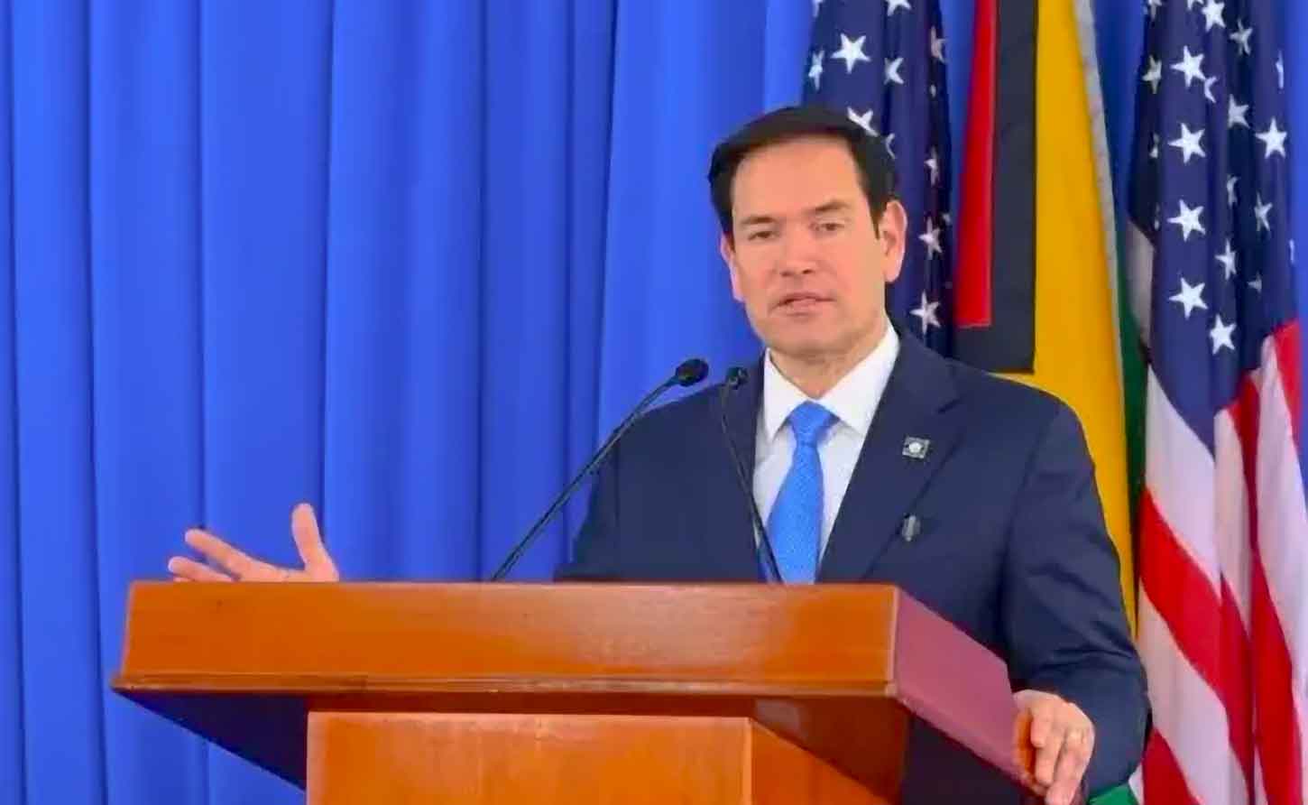 US Secretary of State Marco Rubio addressing a press conference in Georgetown Guyana on Thursday March 27, 2025.