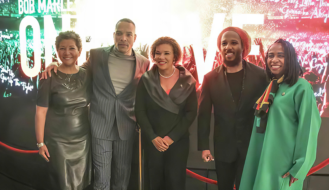 Jamaica’s Ambassador to the United States Audrey Marks, center is flank from left to right by Executive Vice President for Global Public Policy and Government Relations for Paramount Pictures, Dede Lea, Director of the BOB MARLEY: ONE LOVE film Reinaldo Marcus Green, Ziggy Marley, son of Bob Marley, and United States Congresswoman Yvette Clarke at a special screening of the BOB MARLEY: ONE LOVE film at the Motion Pictures Association in Washington, on Tuesday February 13. (Photo Derrick Scott)