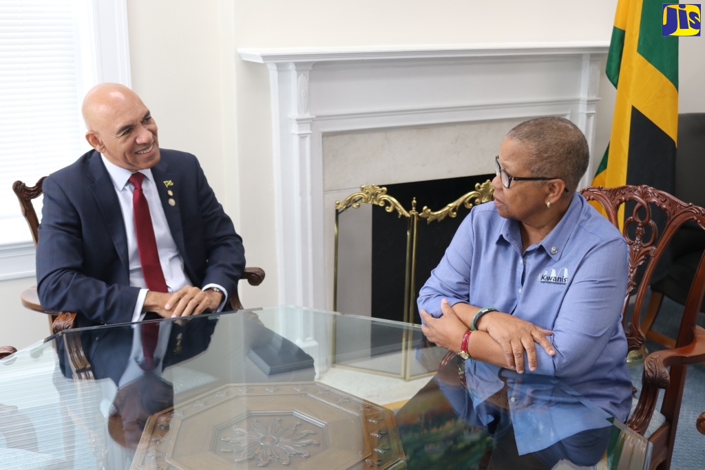 Jamaica’s Ambassador to the United States, His Excellency Major General (Ret’d) Antony Anderson, speaks with Jamaica’s newly elected Kiwanis International President and member of the Kiwanis Club of Hopewell, Hanover, Hope Markes, who recently stopped at the Embassy in Washington DC, during a break in her travel on official Kiwanis duties. Ms. Markes has made history as the first woman of colour and Caribbean national to be President-elect of Kiwanis International. She will assume official duties on October 1, 2026.