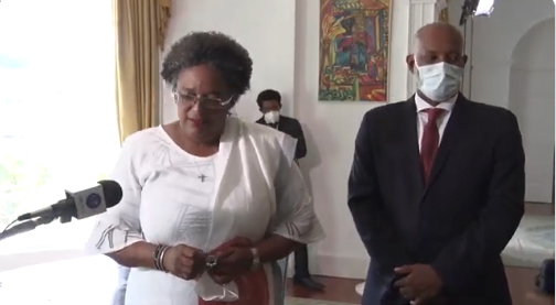 Prime Minister Mottley along with Attorgey General Dale Marshall speaks with the media after being sworn in this afternoon at State House by President Sandra Mason