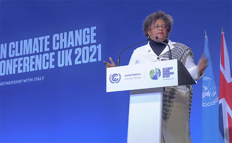 Prime Minister of Barbados Mia Mottley speaking at the opening ceremony of the World Leaders Summit on Climate Change in Glasgow