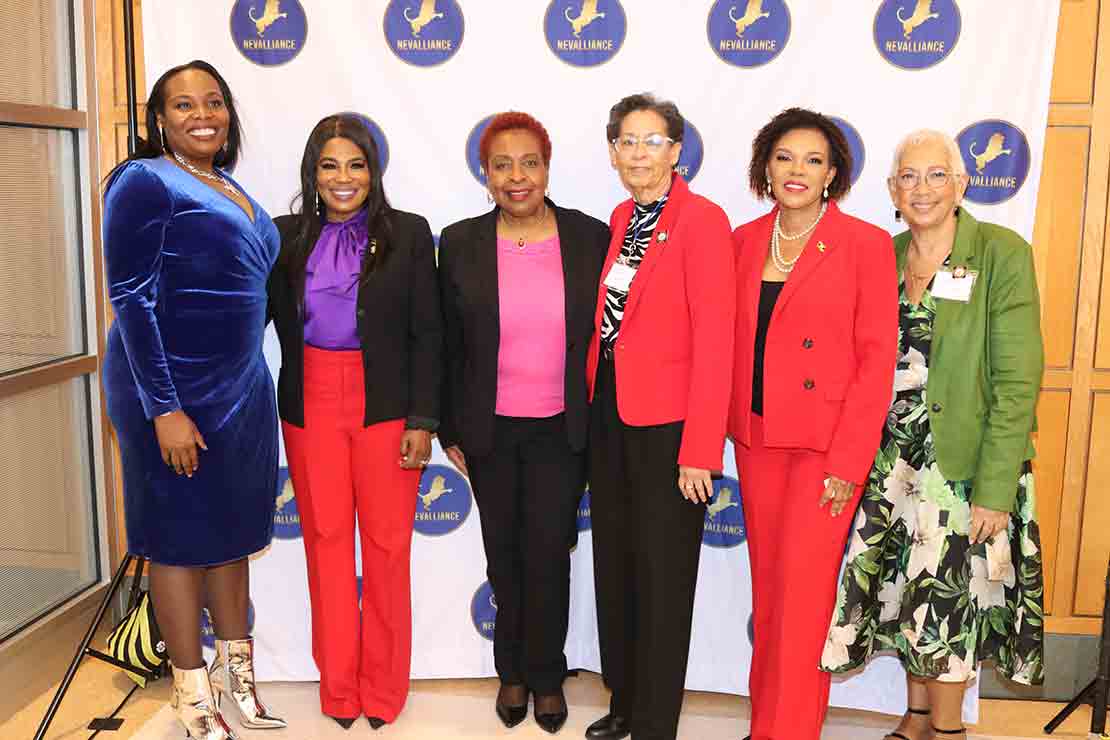 Jamaica's Ambassador to the United States, Her Excellency Audrey Marks (second from right) shares light moment with (from left) Dr. Neva Alexander, Chief Executive Officer, Nevalliance; Jamaica’s consul general in New York, Alsion Wilson; former President of the Jamaica Nurses Group of New York( JAGYN ) Claudette Powell; Past presidents of the Union of Jamaica Alumni Association (UJAA) Karlene Largie, and Lesleyann Samuels. She was at the International Women’s Conference hosted by Nevalliance at Hofstra University in Hempstead, New York on Saturday March 9, 2024. Photo (Derrick Scott).