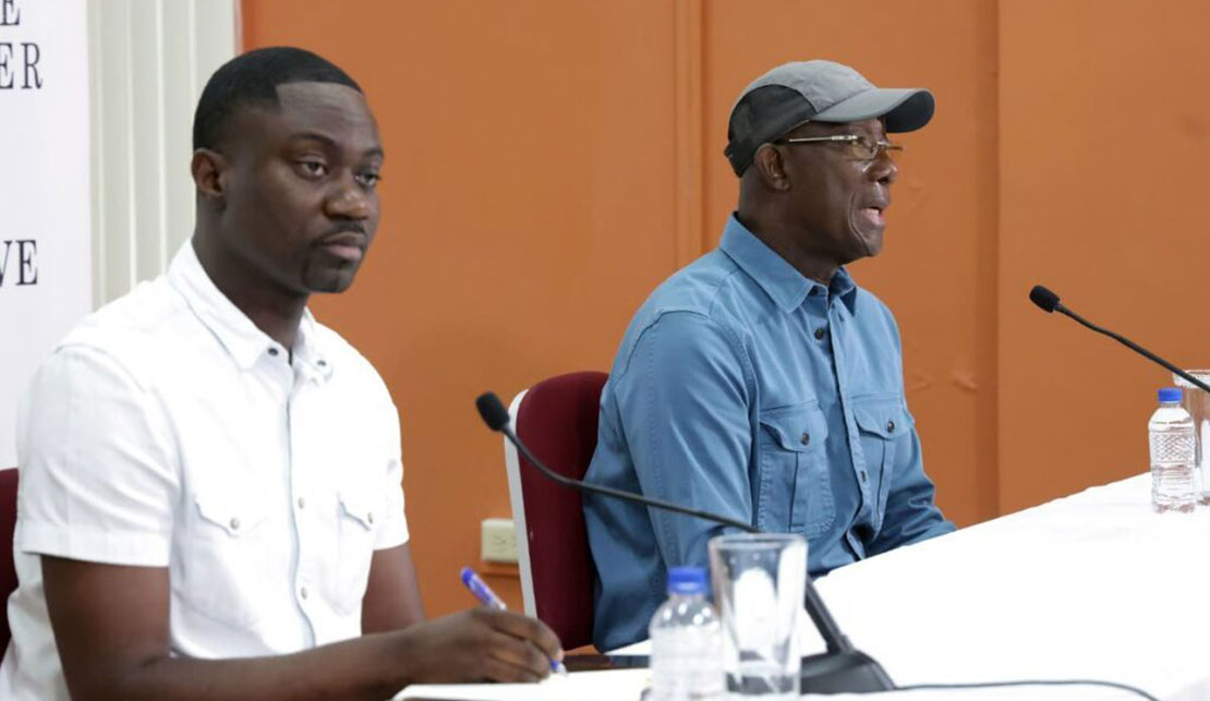 THA Chief Secretary Farley Augustine (left) and Prime Minister Dr Keith Rowley, during a media conference on February 11 in Tobago on the impact of a mysterious oil spill. - Photo courtesy THA
