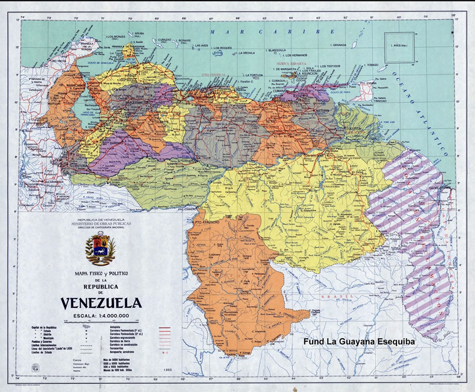 A map of Venezuela and Guyana to include the area of controversy in stripes to the right. Guyana is about 4.2 times smaller than Venezuela which is approximately 912,050 sq km, while Guyana is approximately 214,969 sq km. This makes Guyana 23.57% the size of Venezuela. The area claimed by Venezuela is two thirds the size of the entire Guyana.